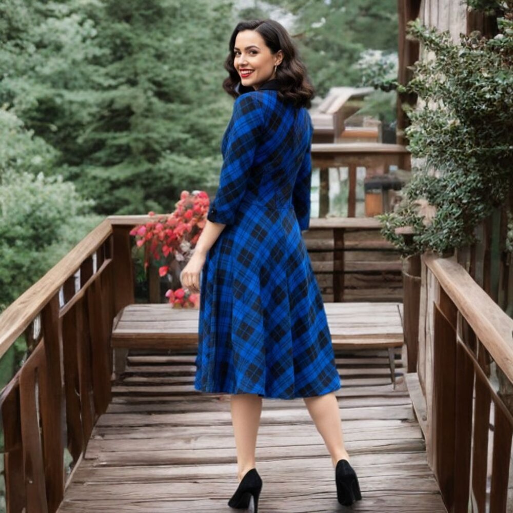 Unique Vintage Plaid Fit & Flare Midi Dress Retro Swing Wiggle Pockets Stretch - Picture 4 of 12